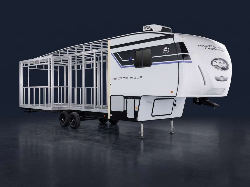 Illustration of a fifth wheel RV being built: the front finished, the rest shown as an exposed frame